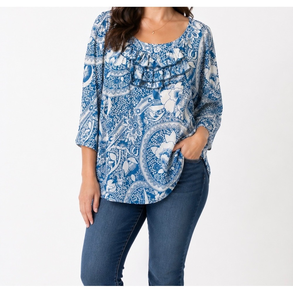 Avenue Womens Plus Size 22/24 Blue Paisley Ruffle Front 3/4 Sleeve Tunic Blouse